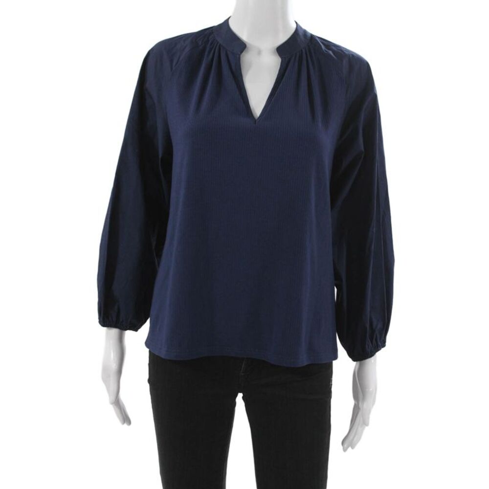 Cartolina Women Basic Striped Cotton V-Neck 3/4 Sleeve Blouse Blue Size S